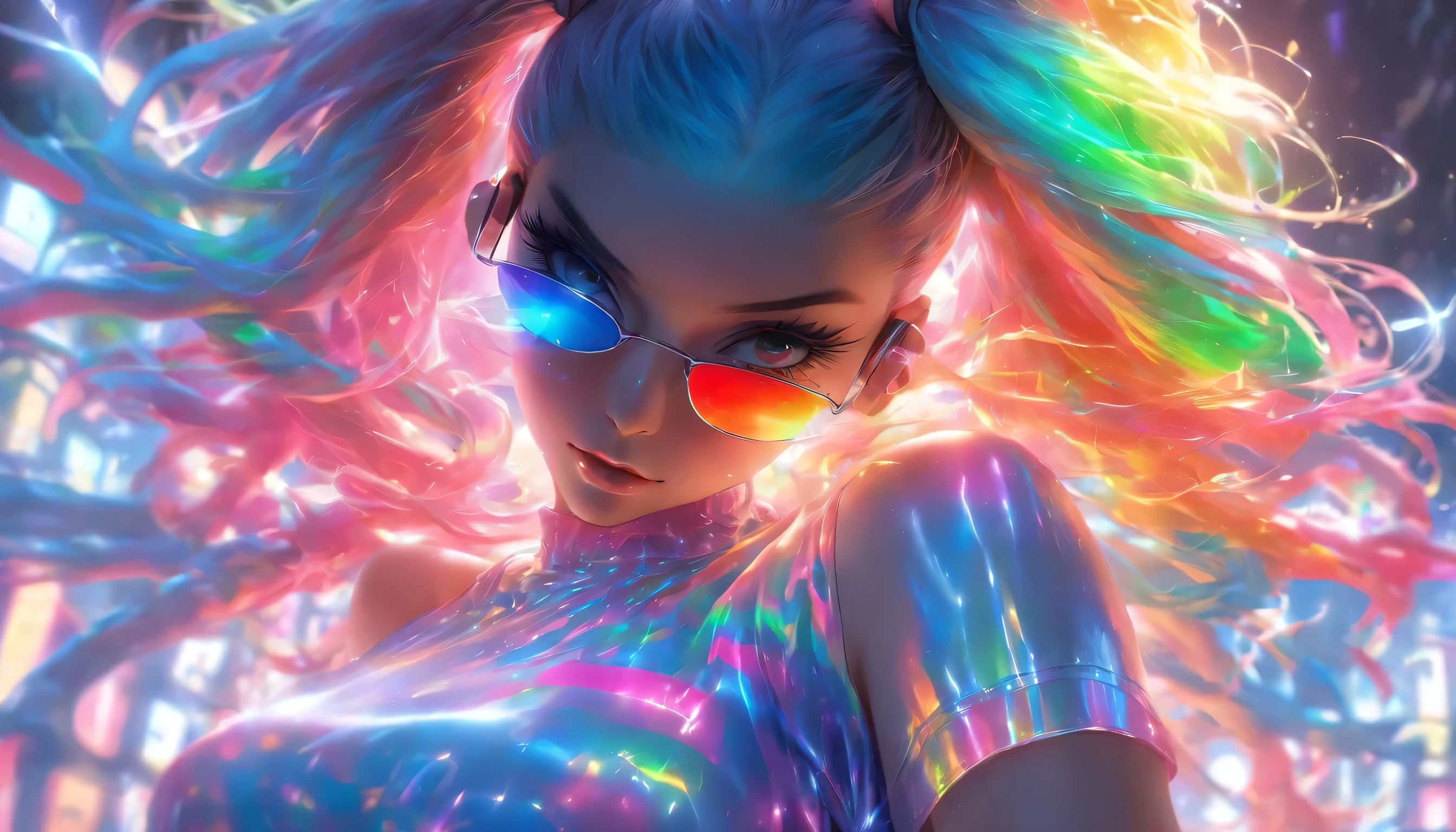 Transparent color PVC sexy underwear, Transparent colorful vinyl Bunny girl, Prismatic, Holographic, chromatic aberration, Fashion Illustration, masterpiece, DJ Girl, View Viewer, 8k, Super detailed, (((Korean women)))、((Colorful Hair))、Wearing headphones、、((Bunny girl))、(((Rainbow Hair)))、((He's wearing cool sunglasses))、((Narrow waist))、(((Full Body)))、(((Large Bust)))