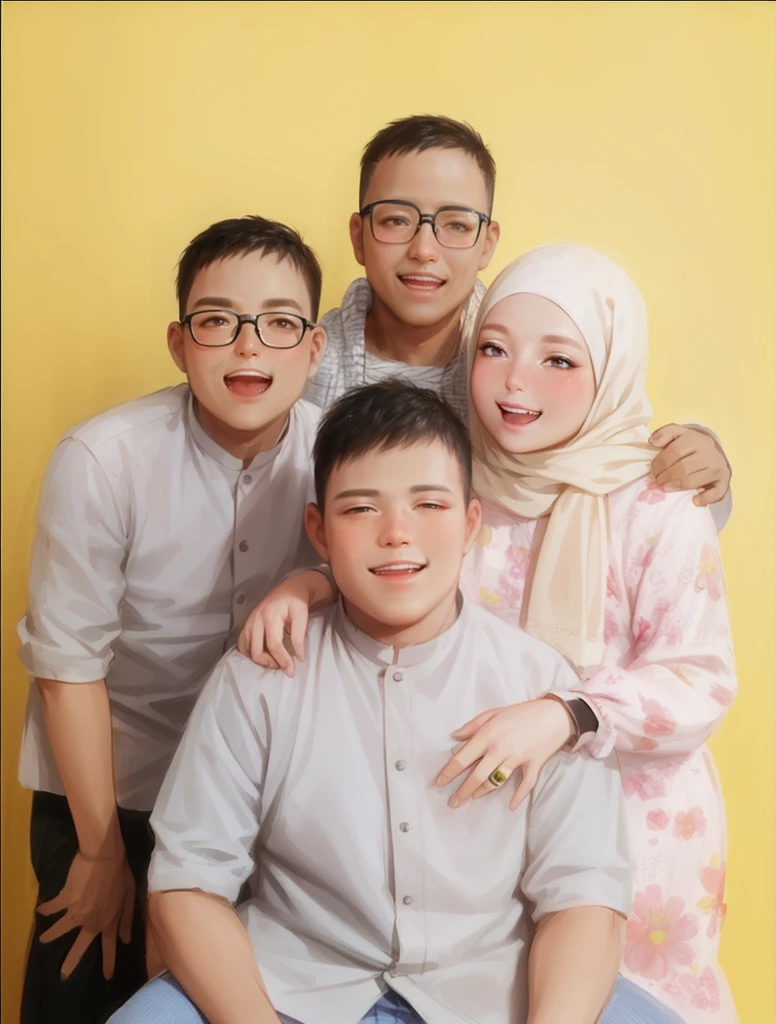 Realistic, best quality, instagram, 1 man, 1 woman with hijab, view to the camera, 2 boys, all smiling