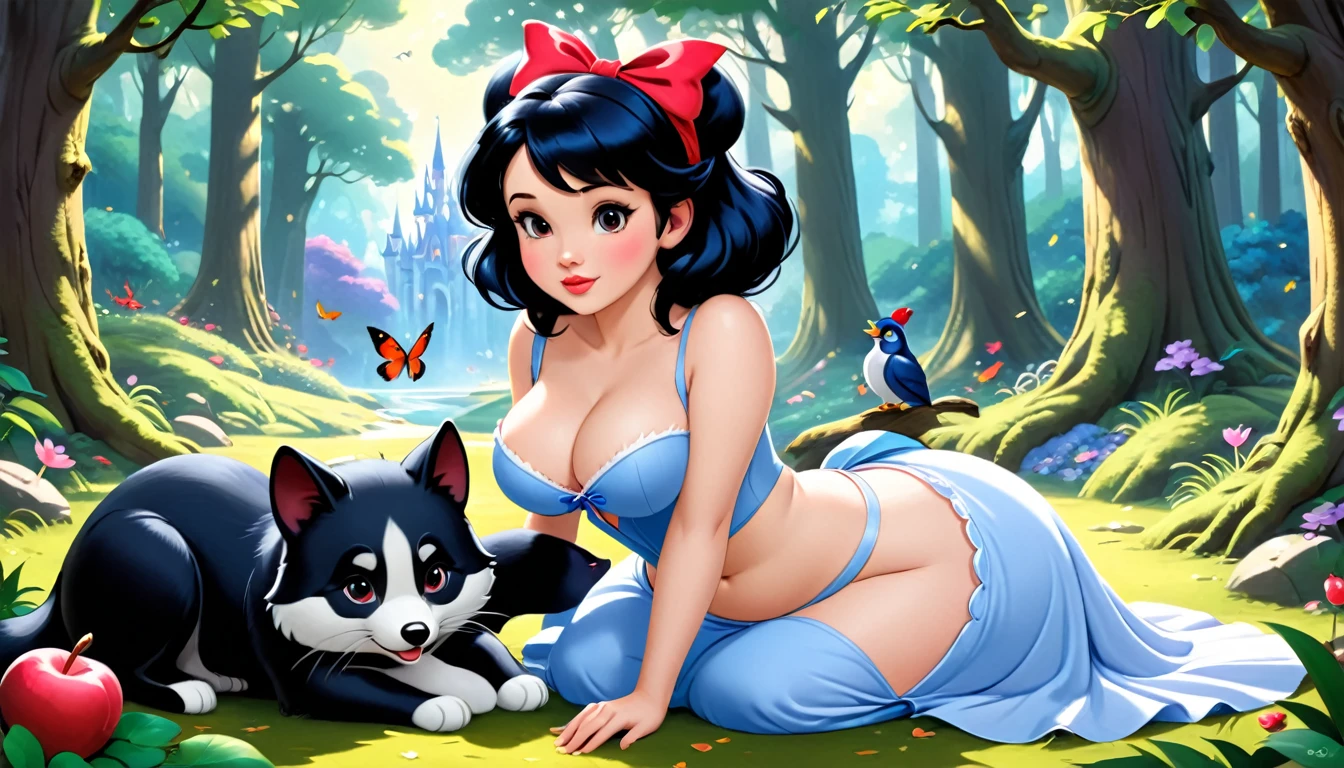 Disney art, masterpiece, extreme quality. 
the theme is gothic.  the setting is a magical forest, very detailed, full of different animals, it's afternoon, there's a cabin nearby. There is a girl (Snow White, wearing a tiny Snow White thong without a bra, short black hair, very large and huge breasts size G, she is slightly chubby, several tattoos all over her body like legs and arms and abdome, drinking beer, with drunken and naughty behavior, posing sensually opening her legs and showing her huge breasts, fullbody), the atmosphere is festive.