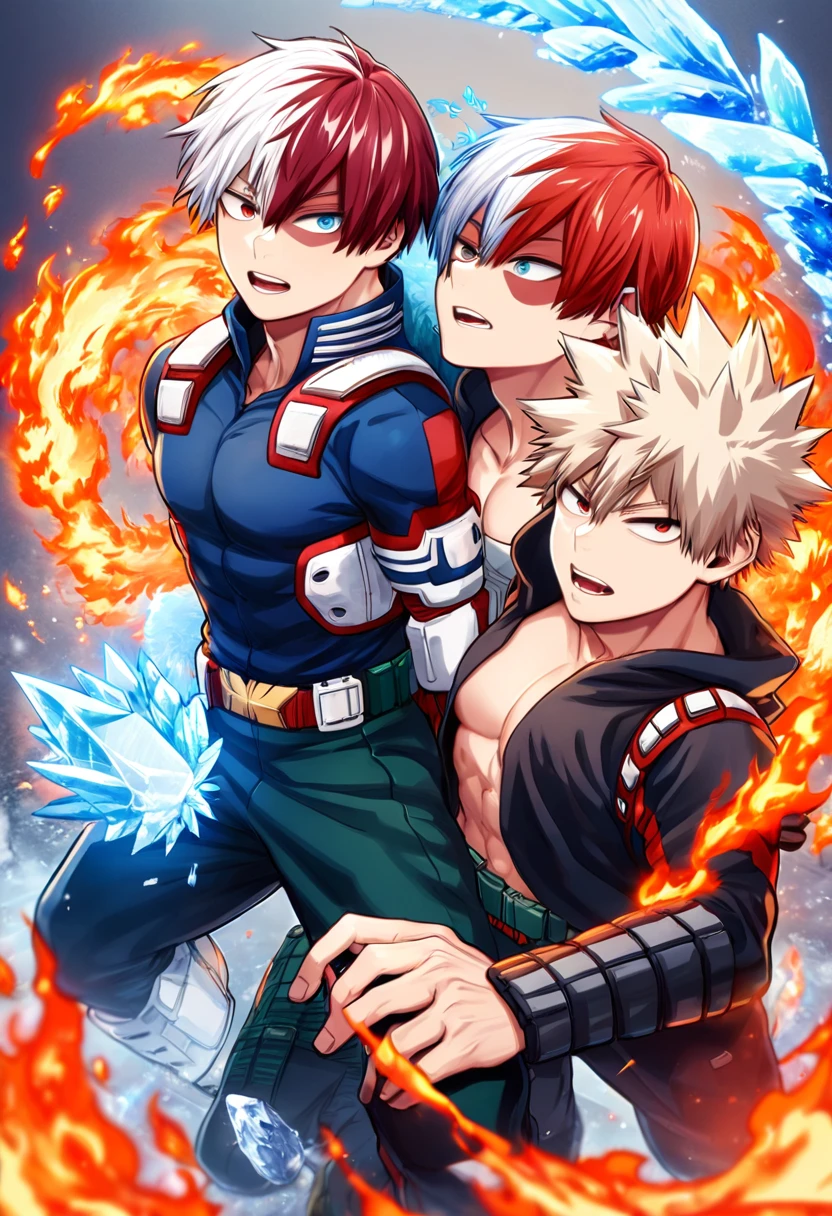 absurdres, highres, ultra detailed, HDR, master piece, best quality, Todoroki Shouto, bicolored hair, white hair right side, red hair left side, expressive blue eyes, Boku no hero academia, Bakugo Katsuki, ash-blonde hair, expressive red eyes, two sexy men together, yaoi, gay couple, handsome, toned chest, black hero clothes, magical, fantasy, fire, ice