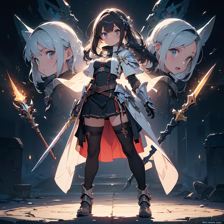 Design a layout showcase Gaming character, (1girl). Golden+Purle clothes, stylish and unique, ((showcase weapon:1.4)), magic staff, (masterpiece:1.2), (best quality), 4k, ultra-detailed, (Step by step design, layout art:1.5), (luminous lighting, atmospheric lighting), magican, ((glove full hands)), (((revealing clothes:1.3))), vambraces, armored legwear, (((full_body_shot:1.4)))