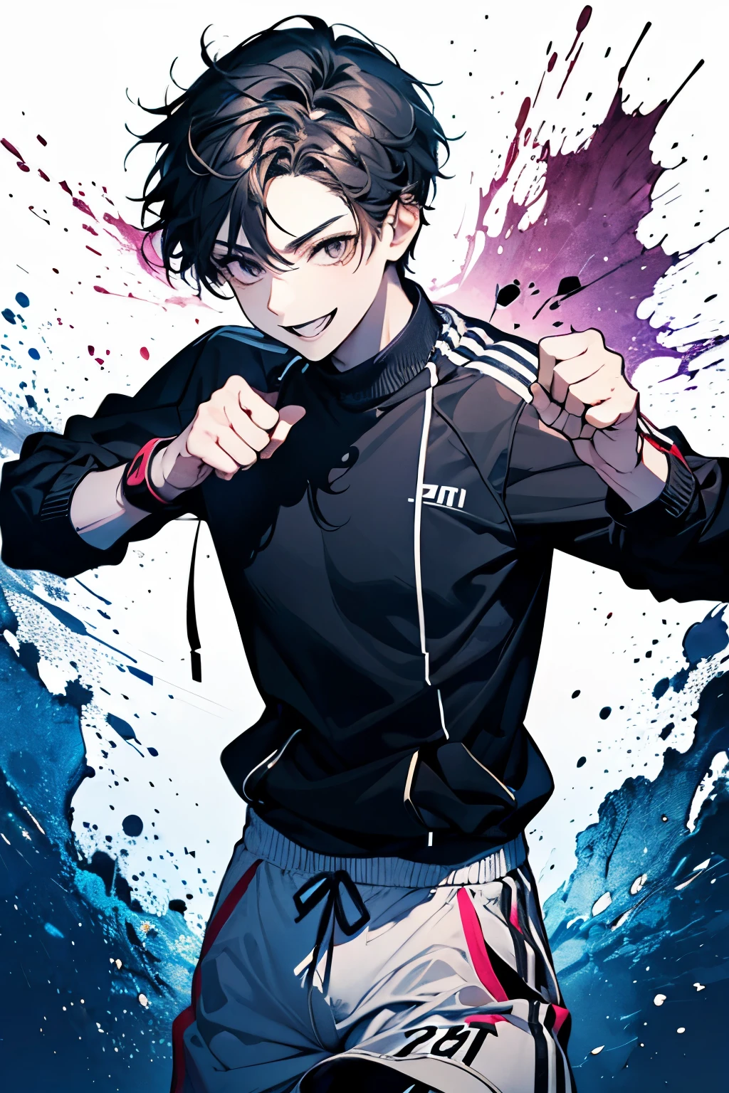 ((Male, about 17 years old:1.2)),((Casual and sporty outfit:1.2)),((Fighting pose:1.3)),((Energetic and active movement:1.4)),(smile:1.4),☺️,((✌🏻))