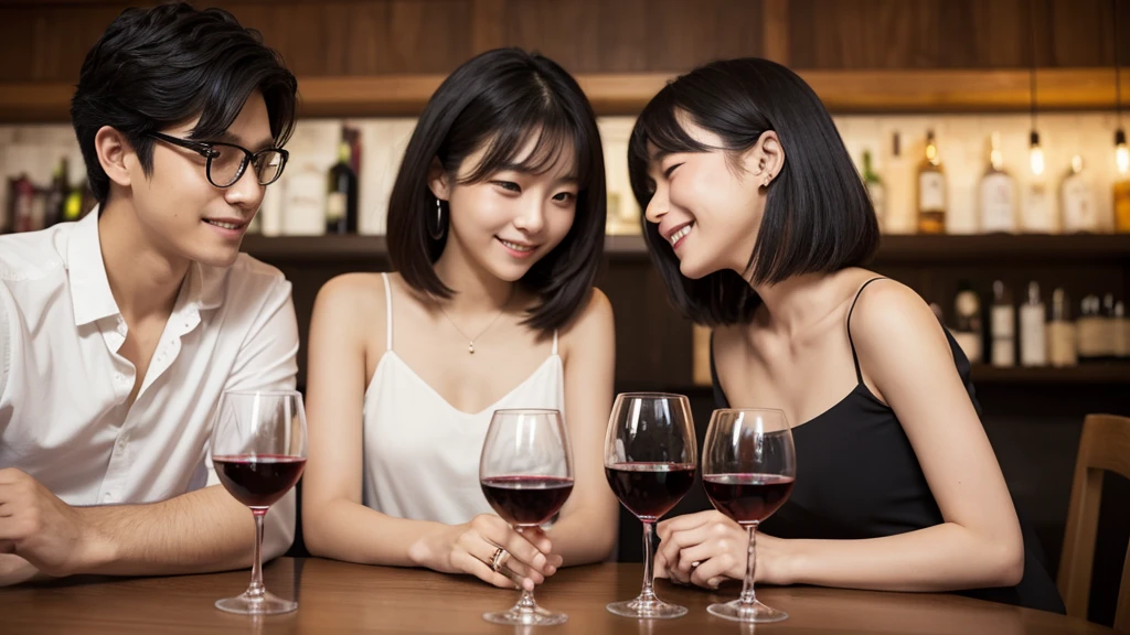 (masterpiece:1.2), high quality, High resolution, High-definition images like those taken with a high-end camera、Two people, male and female、sitting next to each other in chairs、There is food on the table、The man is a 24-year-old Japanese man.、Cut your hair short、Wearing glasses、Looks quiet、Black Hair、Curly hair、Holding a wine glass with red wine、The woman is an 18-year-old Japanese woman.、A lovely smile while drinking、holding a wine glass filled with white wine、The location is a dimly lit bar、In the background you can see a man and a woman enjoying a drink