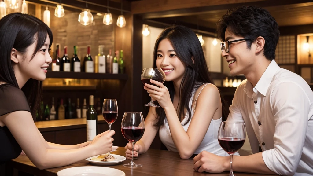 (masterpiece:1.2), high quality, High resolution, High-definition images like those taken with a high-end camera、Two people, male and female、sitting next to each other in chairs、There is food on the table、The man is a 24-year-old Japanese man.、Cut your hair short、Wearing glasses、Looks quiet、Black Hair、Curly hair、Holding a wine glass with red wine、The woman is an 18-year-old Japanese woman.、A lovely smile while drinking、holding a wine glass filled with white wine、The location is a dimly lit bar、In the background you can see a man and a woman enjoying a drink