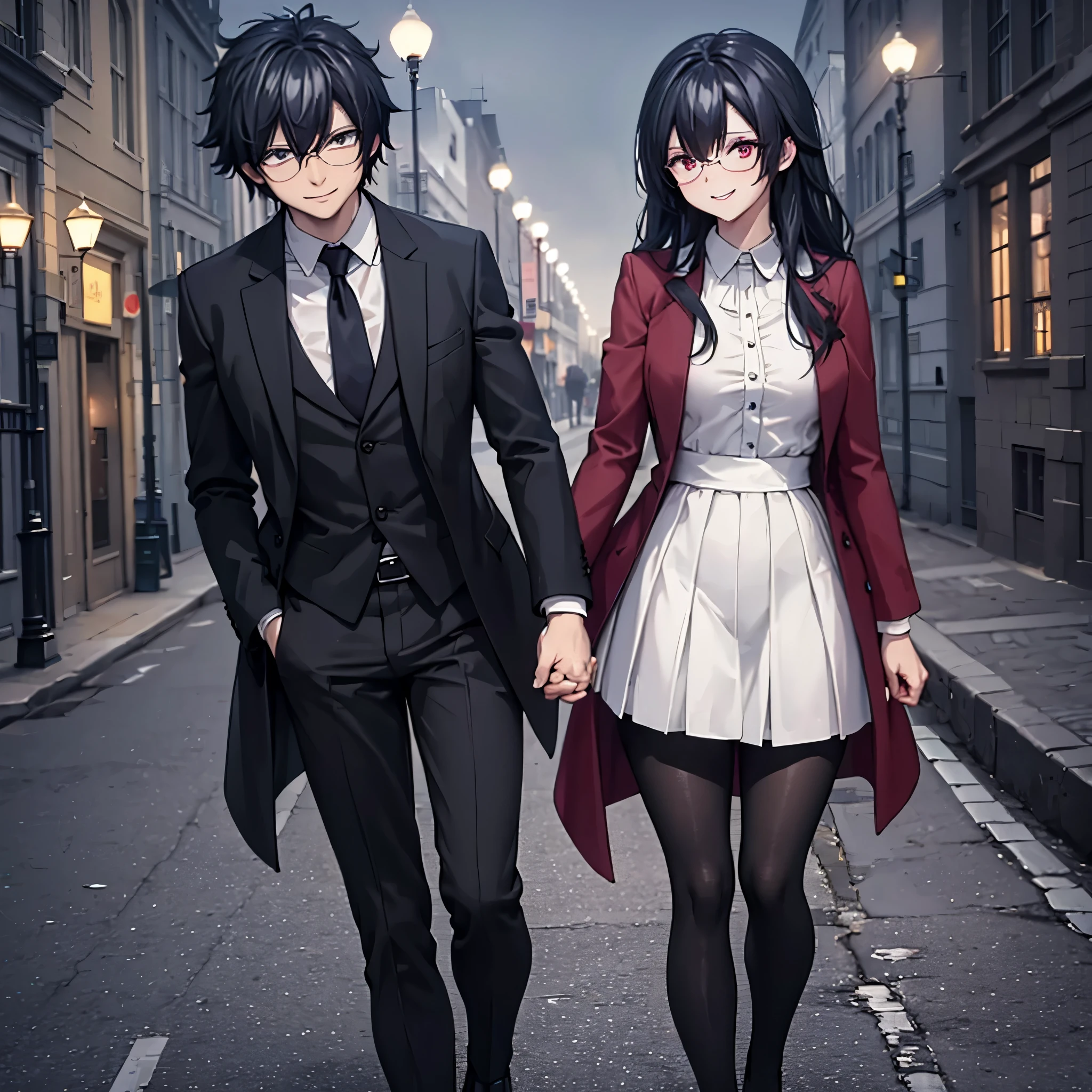 A man together with a woman holding hands Walking on a wide sidewalk overlooking a city at night with illuminated buildings, with perfect lighting, (romantic mood) (holding hands perfectly with coherent fingers), (woman wearing red coat white shirt , black skirt, black tights, smiling red eyes, long black hair) (a man wearing a black suit, black pants, black hair, dark blue eyes, smiling) (just a man and woman couple), .shadow, flower , UHD , masterpiece, accurate, anatomically correct, textured skin, super detail, high quality, best quality, 8k, high resolution, bokeh effect.
