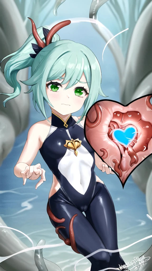 Naheedah(Genshin Impact)(height159Cm、B90Cm、in70Cm、h90Cm)、(Young Girl,Girl,Lori),Gray Hair,light green tips of hair,short hair,right side ponytail,light green hair tips,Pointed Ears,Green Eyes,Young face、high resolution,high quality,High resolution,(Anime Style),Beautiful images,Clear images,(Cute Girls),(1 girl),whole body(頭の先から足の先まin)、Transformation Heroine(White wetsuit-type reinforced skin),(Ultra Girl),(胸元in光るHeart-shaped brooch),Heart-shaped brooch,(胸元のHeart-shaped broochに触手が侵入する),(The energy core inside the body is violated by tentacles)Attacked by tentacles,Being held captive by tentacles,(Heart-shaped broochから光の粒子が漏れ出ている,Heart-shaped broochから光の液体が流れ出している),(Tentacles are sucking on the crotch),(Love juice is flowing from between her legs),(Heart-shaped broochが赤く点滅している),Have a naughty face,It feels good and I'm in agony,エッチな意味in下品,Ecstasy,Profanity, steam(mist),Wet,Sweat,Climax,Eyes closed,Watery eye,Mouth open,