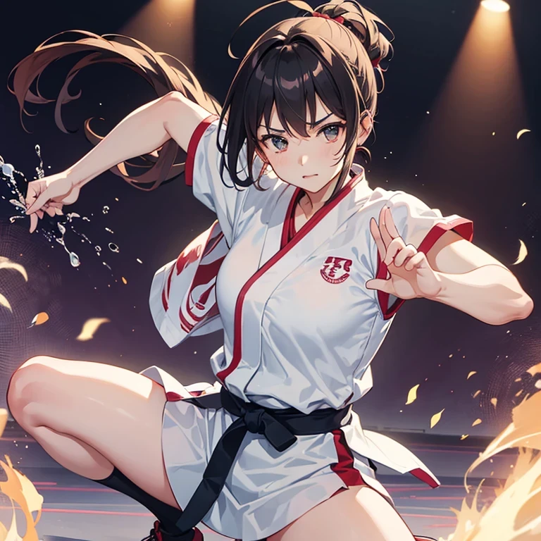 Female karate,Battle preparation pose, in a karate dojo ring, She's ready to fight, Take a fighting stance, Middle cockscomb pose, karate, karate match, Young Japanese Woman, Japanese Girls, Combat Ready,Karate uniform,Wear pants,Black belt,Karate Tournament