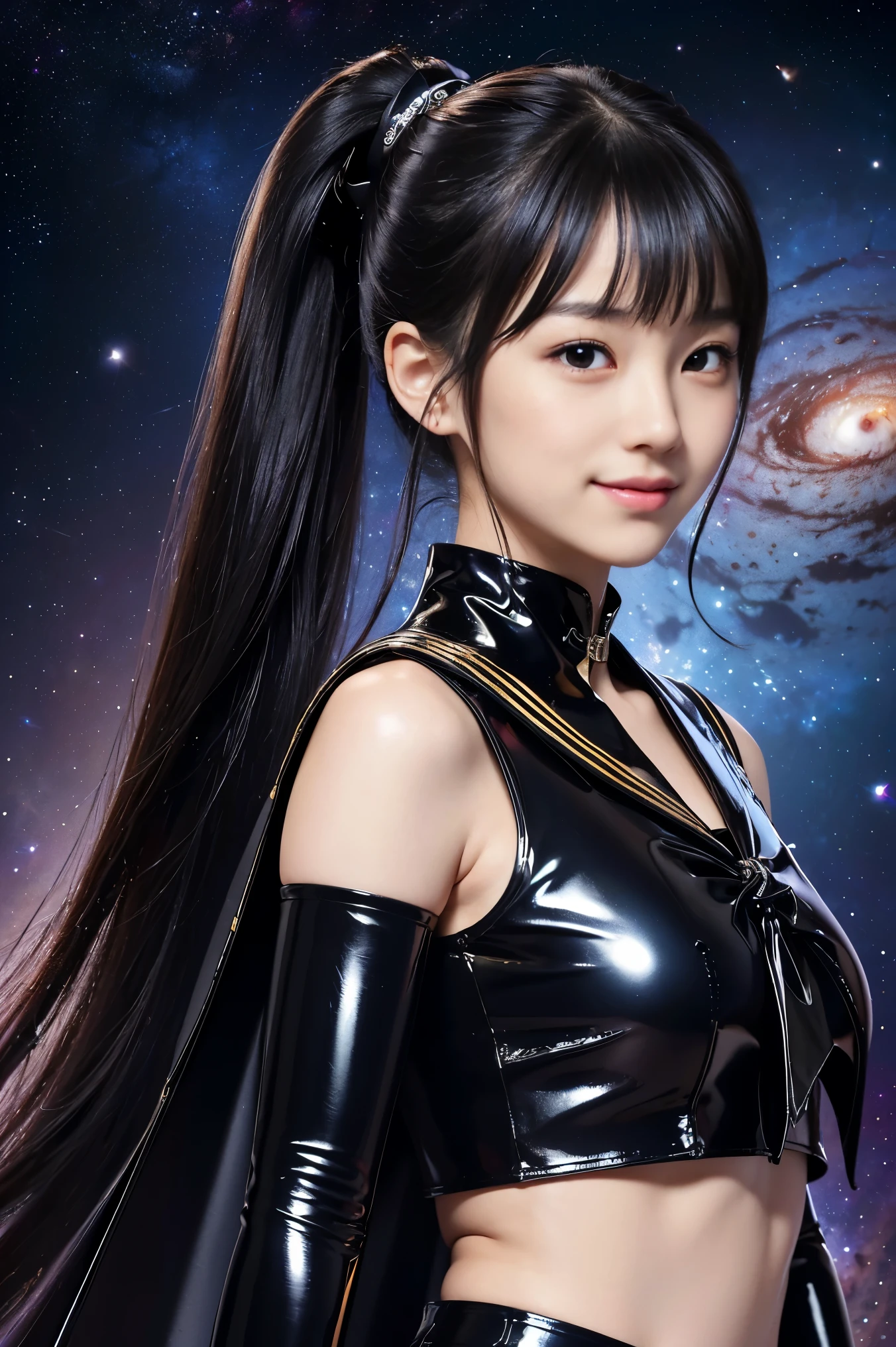 (((Super long up ponytail 2.5、A 12 year old Japanese girl in a shiny short sleeve sailor suit with shiny black sailor suit and elbow gloves, wearing a cape over it,smile)))、(((Black latex sailor collar)))、(((Black Latex Pleated Skirt)))、choker、Earrings、ribbon、Glasses、 (((Sailor Warrior Uniforms)))、Beautiful ornaments: 美しいPerfect Face, Soft Skin、Perfect Face, Intricate details, Splash screen,Zerg Queen、 8K resolution, masterpiece、(((Space Background)))