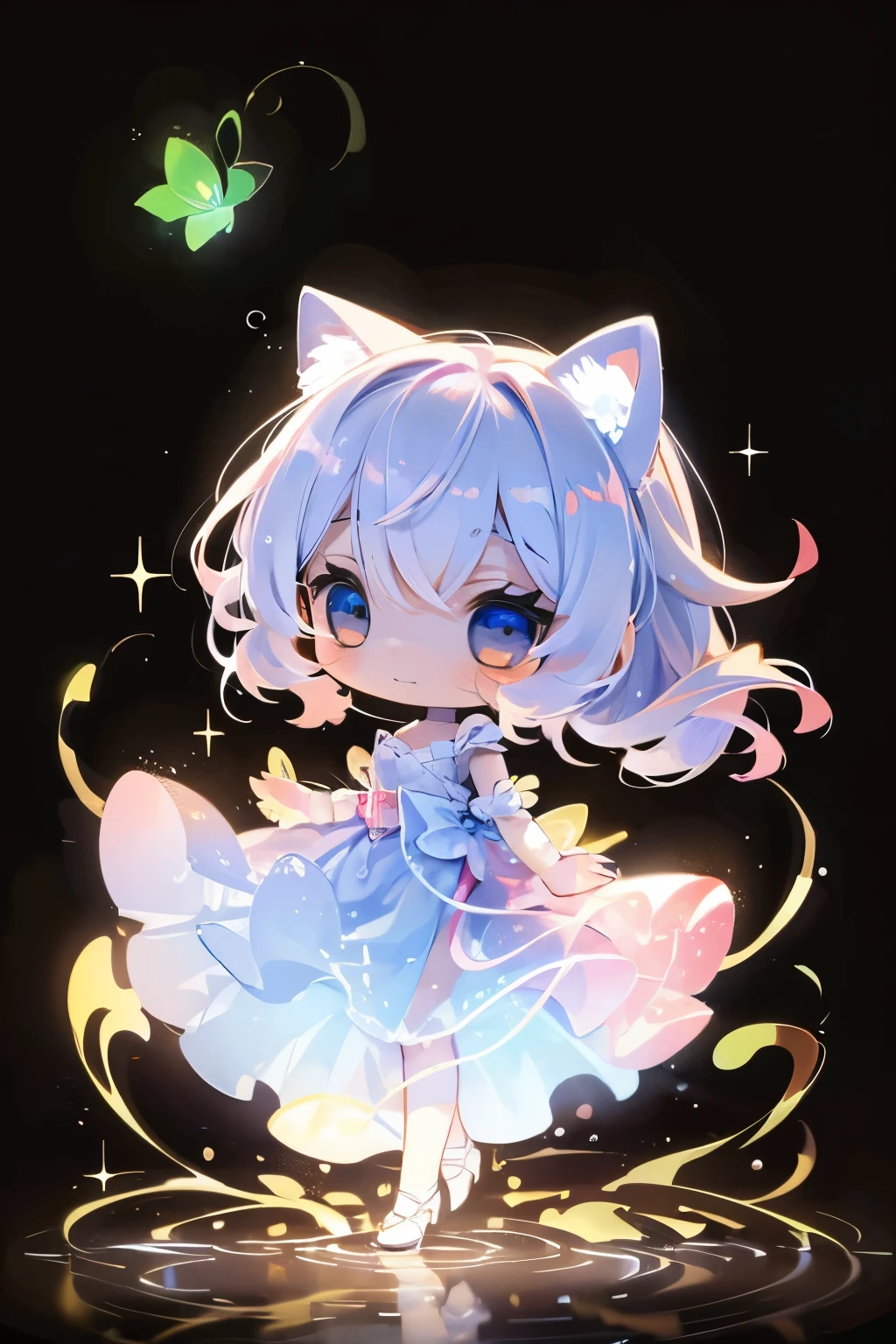 Photorealistic、Chibi Girl Doll（Enjoy the night view from the riverside、firefly、Bioluminescence）