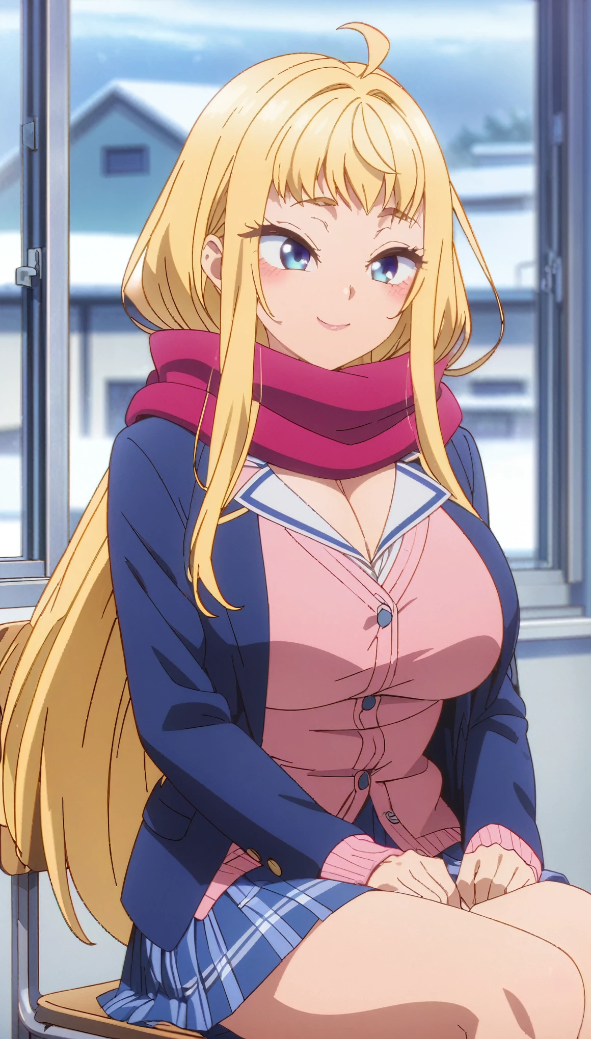 (highest quality:1.2, Anime artwork, Anime Style, Studio Anime, Very detailed, Latest, Vibrant, Anime Coloring, High Contrast, masterpiece:1.2, highest quality, Best aesthetics), 1 female, minamifuyuki, Blonde Hair, Long Hair, Side Lock, Ahoge, blue eyes, blush, smile, Cleavage, Big Breasts, scarf, 赤いscarf,Blue jacket, Pink Cardigan, Pleated skirt, Sitting on a chair, Looking up, Cowboy Shot:1.2, stare, School classroom, Snowy landscape outside the window,