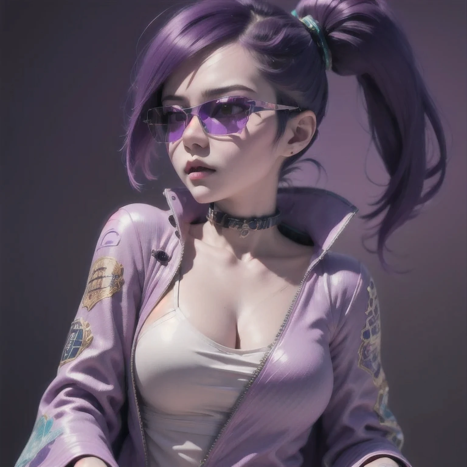 araffe wearing a purple outfit and sunglasses with a purple choke, trending on cgstation, artwork in the style of guweiz, inspired by Yanjun Cheng, guweiz, deviantart artstation cgscosiety, 🌺 cgsociety, 3 d render character art 8 k, g liulian art style, inspired by Feng Zhu,sunglasses,((Imperial Green Emerald Desert Windproof Sunglasses))