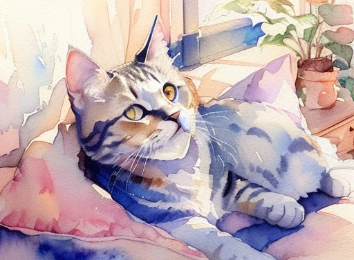 painting of a cat laying on a pillow with a stuffed animal, cat portrait painting, painting of a cat, a painting of a cat, watercolor inpaint, detailed watercolor, watercolored, by Caroline Chariot-Dayez, in a painting of a cat, watercolor sketch, watercolor illustration, watercolour, watercolour painting, painted in bright water colors, detailed watercolour