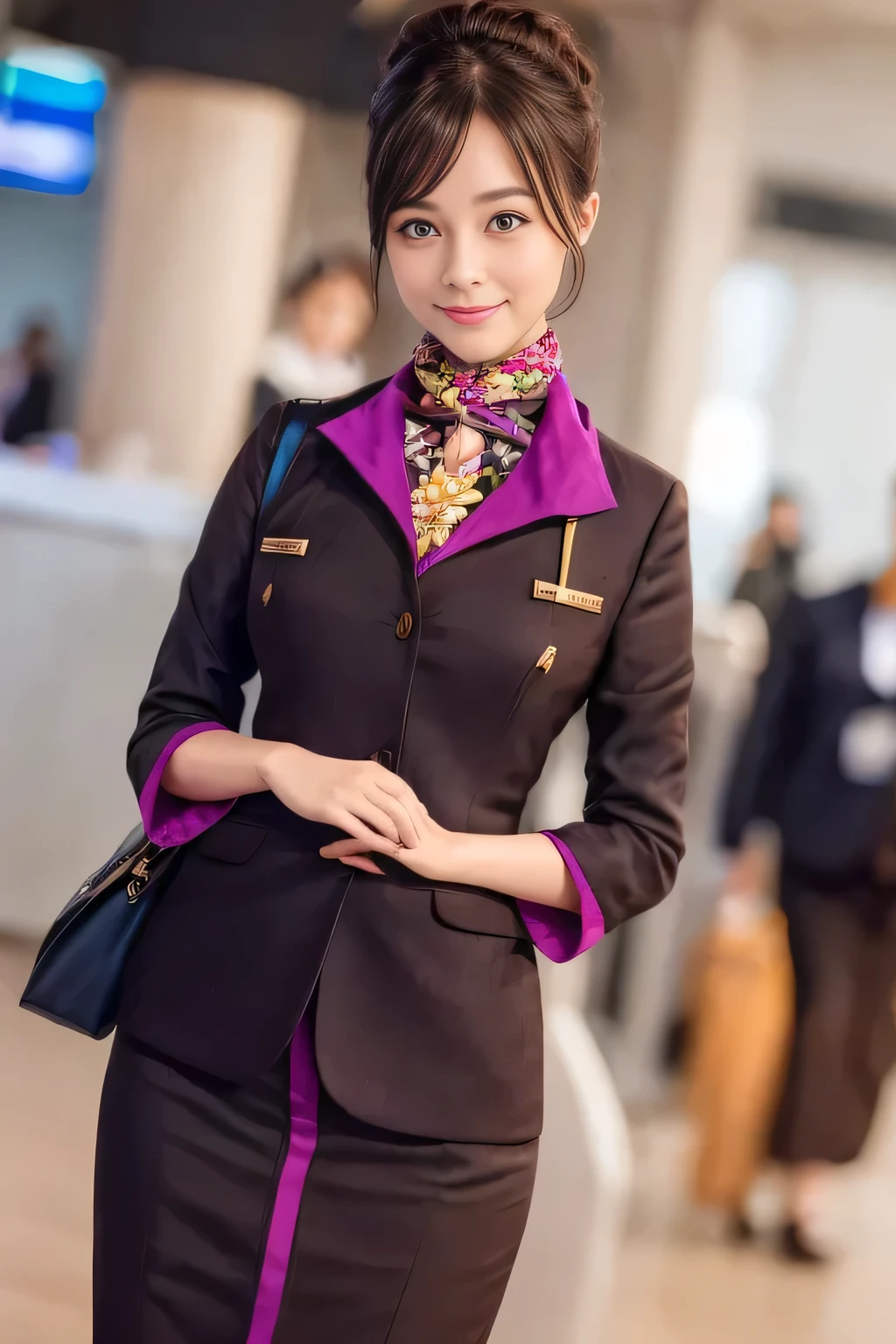 (masterpiece:1.2、highest quality:1.2)、32K HDR、High resolution、(alone、1 girl、Slim figure)、(Realistic reproduction of Etihad Airways flight attendant uniforms)、 (At the airport counter, Professional Lighting)、A proper woman, Beautiful Face,、(Etihad Airways flight attendant long sleeve uniform)、(Etihad Airways flight attendant uniforms、Skirt with purple stripes on the front)、(scarf on chest)、Big Breasts、(long hair、Hair Bun)、Dark brown hair、Long Shot、((Great hands:2.0))、((Harmonious body proportions:1.5))、((Normal limbs:2.0))、((Normal finger:2.0))、((Delicate eyes:2.0))、((Normal eyes:2.0)))、Beautiful standing posture、smile