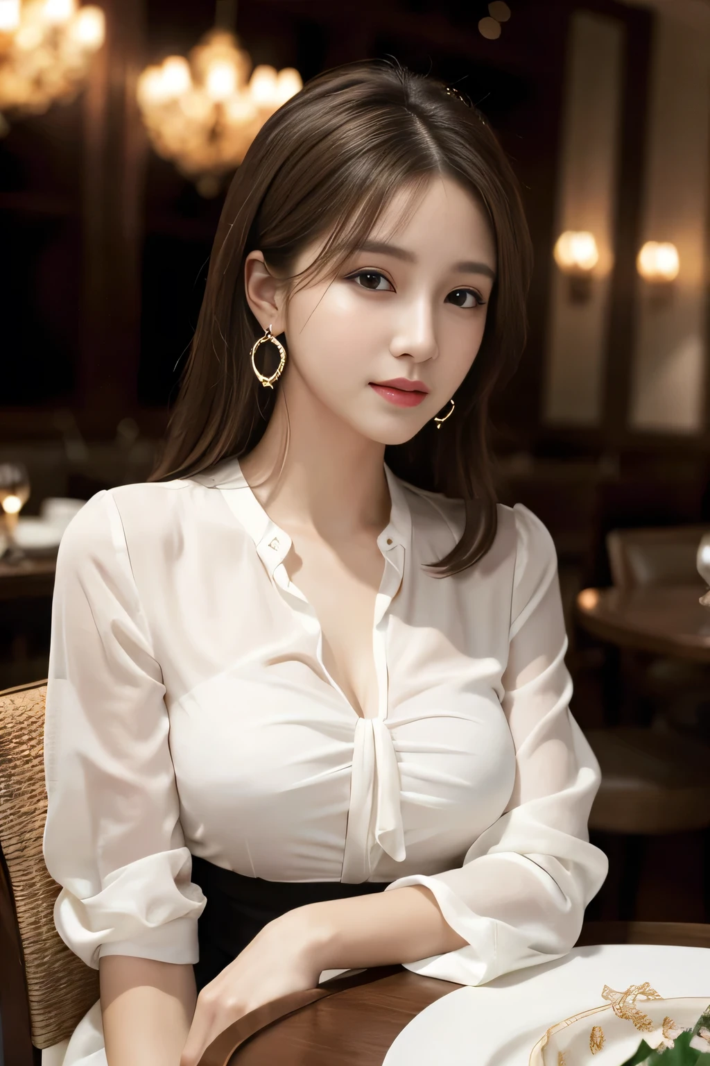 masterpiece, highest quality, Realistic, Very detailed, Finer details, High resolution, 8k wallpaper, One beautiful woman, Wear an elegant white see-through blouse, In a great restaurant, At night, Light brown messy hair, Perfect dynamic composition, Beautiful and beautiful eyes、Big earrings、Sitting in a chair、