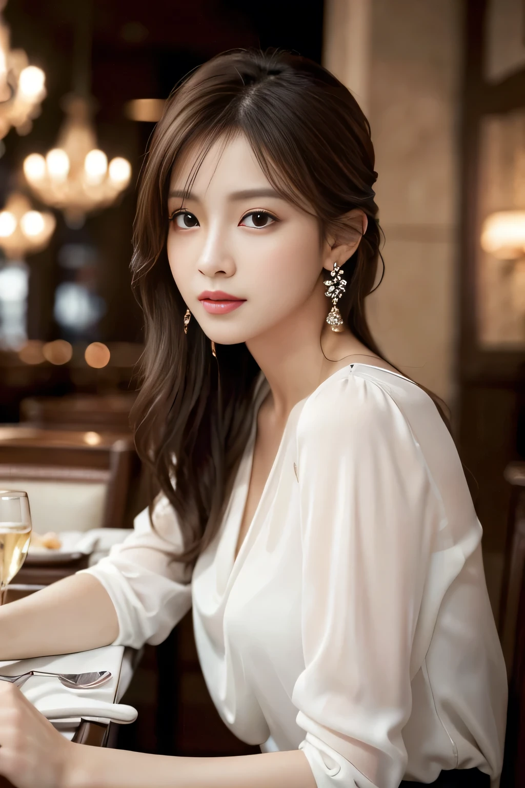 masterpiece, highest quality, Realistic, Very detailed, Finer details, High resolution, 8k wallpaper, One beautiful woman, Wear an elegant white see-through blouse, In a great restaurant, At night, Light brown messy hair, Perfect dynamic composition, Beautiful and beautiful eyes、Big earrings、Sitting in a chair、