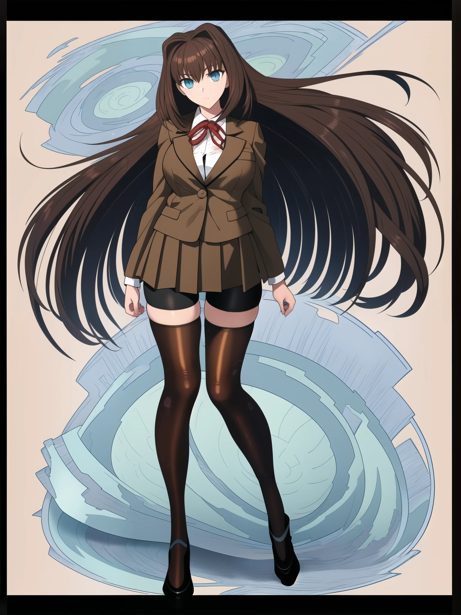 BREAK, blank background, white background, (EMPTY BACKGROUND), BREAK (masterpiece:1.2), best quality, high resolution, 8k, illustration, (beautiful detailed eyes:1.6), extremely detailed face, extremely detailed, CG, perfect hands, perfect anatomy, (((1girl))), (((solo))), (((bbaoko:1)), (((2 legs max:1.7))), (((2 feet max:1.6))), ((swirling vortex shaped longest brown hair:1.5)), (brown longest hair with slightly reddish undertone:1.6), (lush luscious longest brown hair:1.6), (very long voluminous longest brown hair:1.5), serious, blue eyes, red bowtie, (Form-fitting beige blazer:1.5), brown jacket, (highly detailed beautiful face:1.2), (white shirt:1), (well shaped large breasts:1.6), (nice hips:1), (((Umber pleated thigh-high skirt:1.6))), (((black bike shorts:1.4))), (2 nice visible thighs:1.6), (symmetrical thigh-high black colored stockings:1.6), (strap shoes brown color), (facing front:1.5), ((standing straight:1.5)), ((Fullbody in frame:1.6)), ((Full body:1.5))
