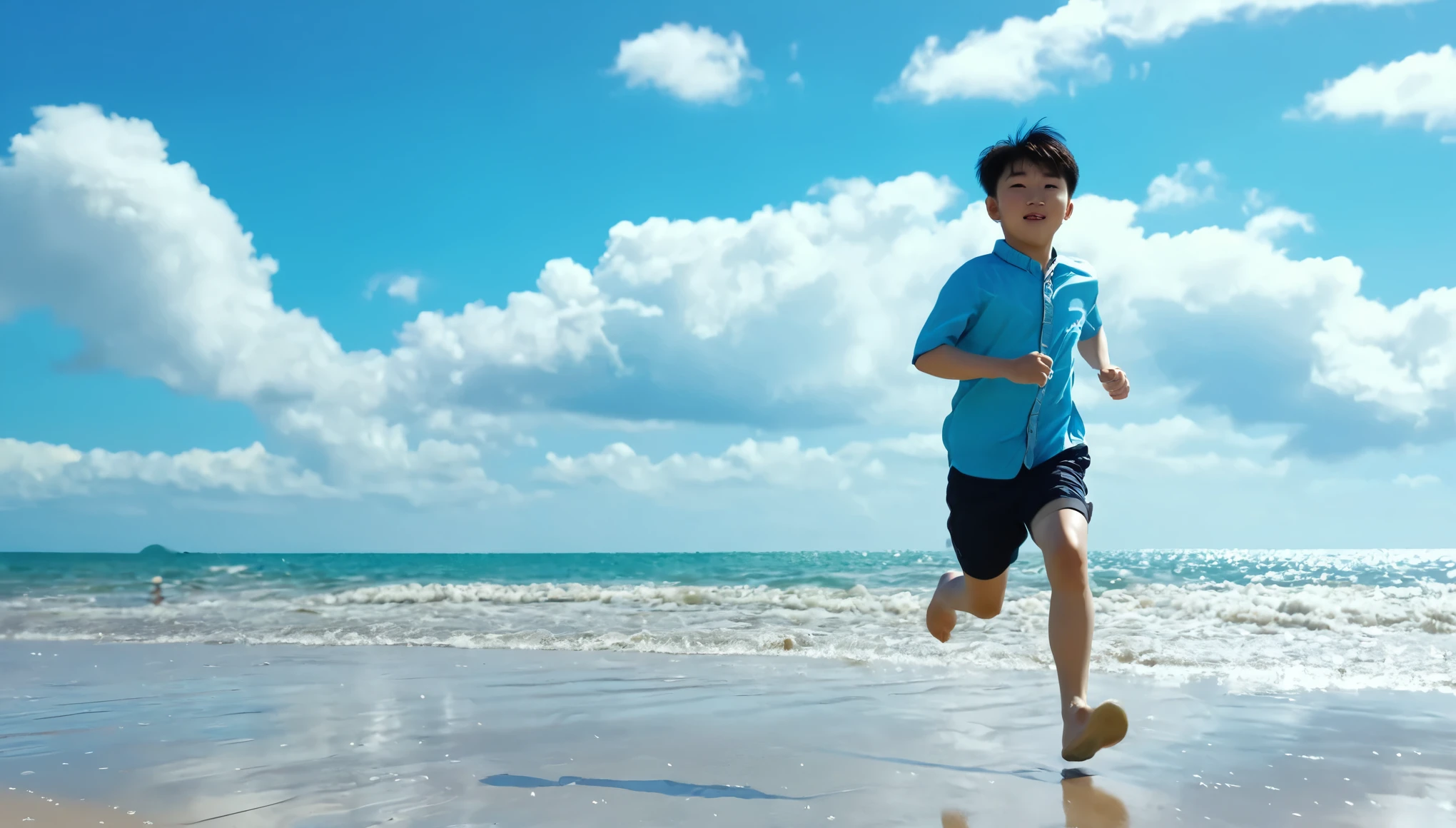 On the beach,A Chinese boy,Sunny and handsome,Run on the beach,Blue sky and white clouds,HD,8k,