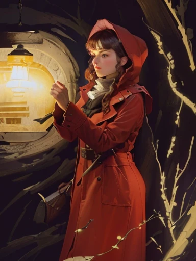 there is a woman in a red coat holding a yellow ball, inspired by Jakub Schikaneder, a woman holding an orb, inspired by Mead Schaeffer, girl under lantern, inspired by Georges de La Tour, inspired by Henry Raeburn, inspired by Henriette Wyeth, portrait of a red sorcerer, holding a lantern, an expressive digital painting