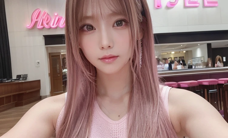 hair color: pink model woman Long Hair Sleeveless pink clothes diagonal Selfie diagonal上 Selfie summer highest quality, masterpiece))), High resolution, Very detailed, masterpiece, Cinema Lighting, (8k, highest quality, masterpiece: 1.2), (Realistic, photoRealistic: 1.37) High Resolution, Super detailed, 1 girl、30 years old、