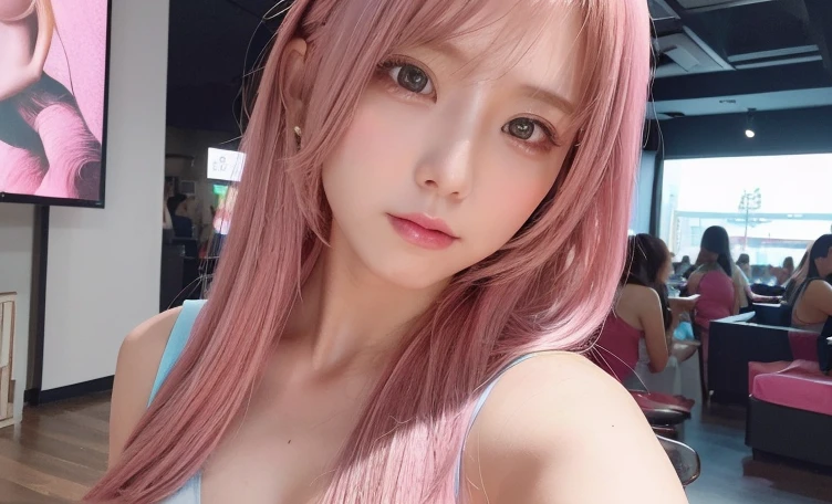 hair color: pink　model　woman　Long Hair　Sleeveless　pink clothes　diagonal　Selfie　diagonal上　Selfie　summer　highest quality, masterpiece))), High resolution, Very detailed, masterpiece, Cinema Lighting, (8k, highest quality, masterpiece: 1.2), (Realistic, photoRealistic: 1.37) High Resolution, Super detailed, 1 girl、30 years old、