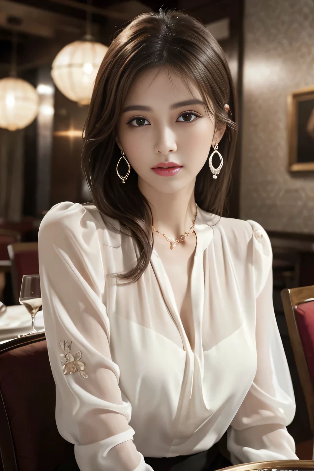 masterpiece, highest quality, Realistic, Very detailed, Finer details, High resolution, 8k wallpaper, One beautiful woman, Wear an elegant white see-through blouse, In a great restaurant, At night, Light brown messy hair, Perfect dynamic composition, Beautiful and beautiful eyes、Big earrings、Sitting in a chair、
