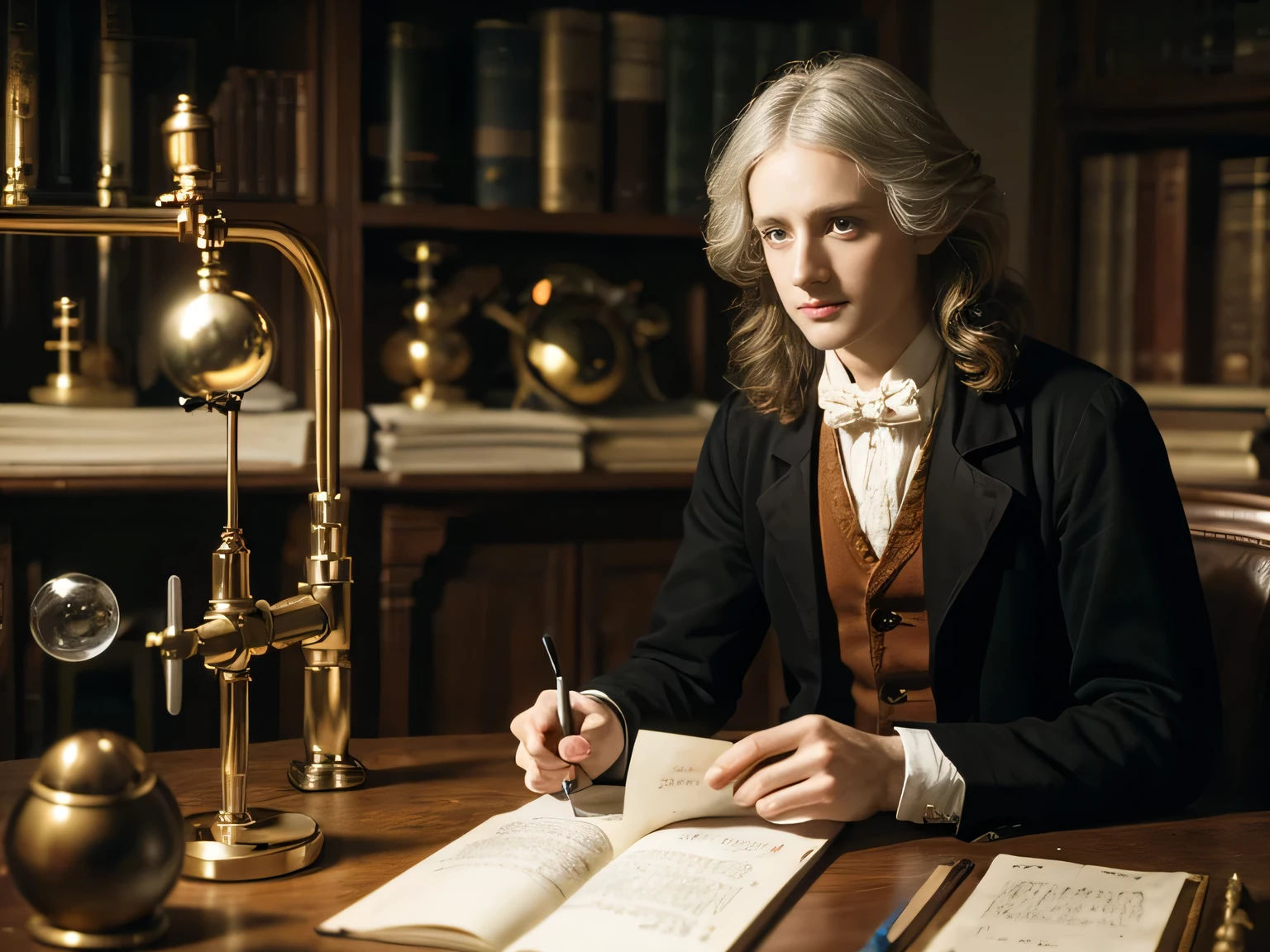 Isaac Newton performing astronomical experiments in his laboratory in Cambridge.