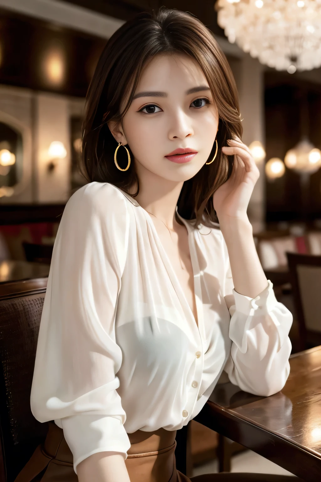 masterpiece, highest quality, Realistic, Very detailed, Finer details, High resolution, 8k wallpaper, One beautiful woman, Wear an elegant white see-through blouse, In a great restaurant, At night, Light brown messy hair, Perfect dynamic composition, Beautiful and beautiful eyes、Big earrings、Sitting in a chair、