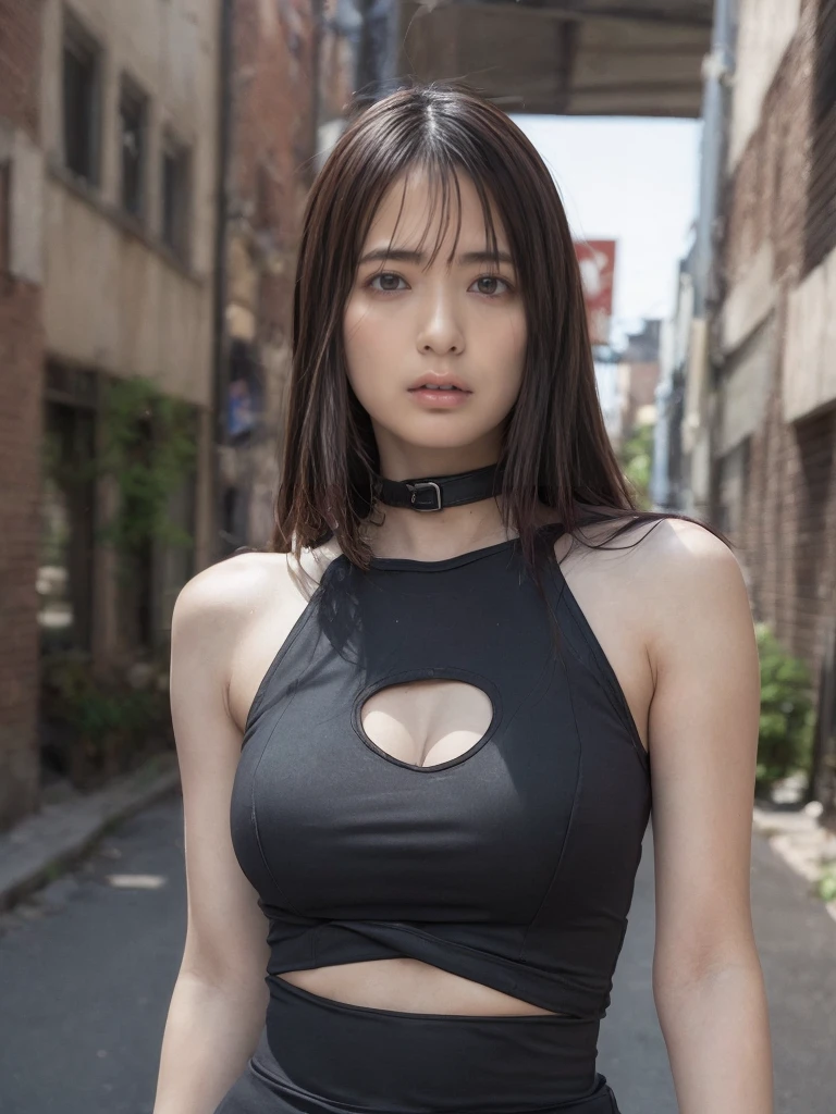 Bondage,High leg,Raw photo, Super detailed,The background is an abandoned city block, Vivid details, Gorgeous cyberpunk, hyper-Realistic, Anatomical, elegant, 8k, highest quality, masterpiece, Very detailed, (Realistic, photo-Realistic: 1.37), Portraiture.
