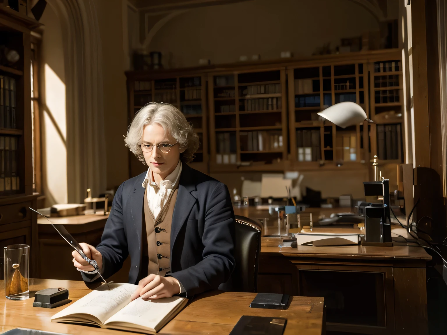 Isaac Newton performing astronomical experiments in his laboratory in Cambridge.