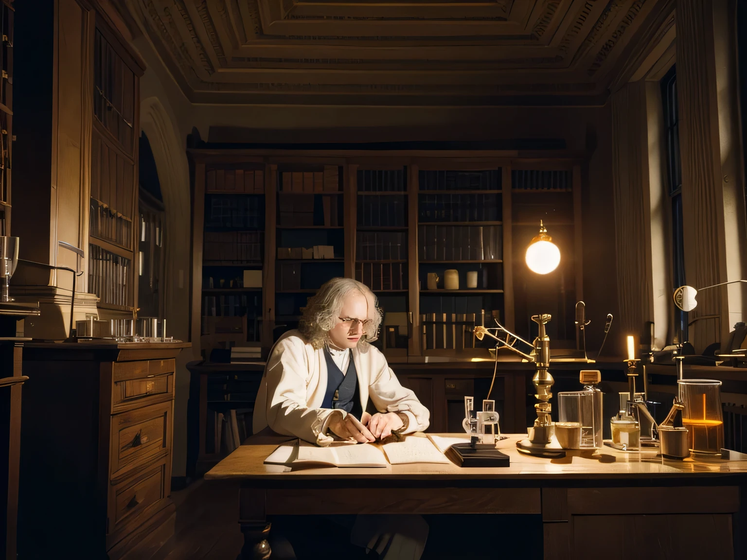 Isaac Newton performing astronomical experiments in his laboratory in Cambridge.