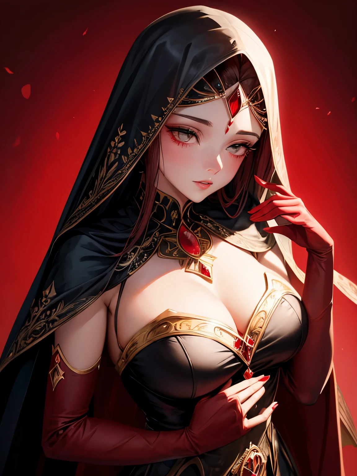 Uma mulher gordinha elegante, wearing a red veil covering her eyes, put your fingers on your lips, symbolizing silence. Suas unhas eram longas e pintadas de vermelho brilhante. The background is solid black