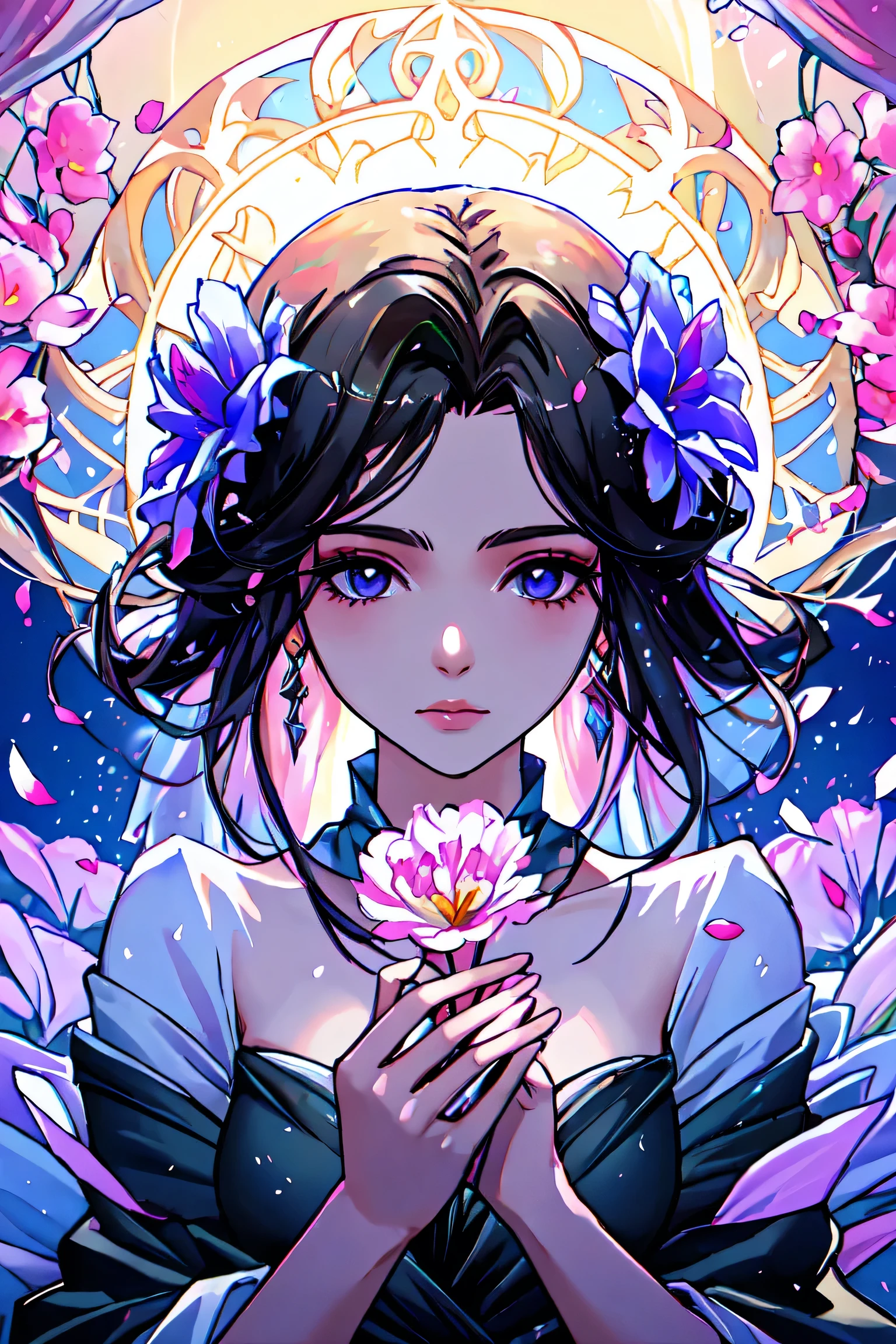 masterpiece, best quality, "A (((sprouting supernatural flower))), with petals that defy the natural world, blooming around a (((gorgeous woman))) who appears to be surrounded by an ethereal glow, as if emanating from her presence, with a serene expression on her face, poised atop the unfolding flora"