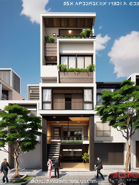 best quality,ultra-detailed,realistic,(modern architect,townhouse design:1.1),4-floor building, curved lines, curved windows, curved doors, (curved Handrail railing: 1.3), (((Roof covered with wood tile detail))), wooden gate door, render vray, background row of townhouses,trees along the road,professional,vivid colors,bokeh, (photo-realistic:1.5),(((hyper detail:1.5))), archdaily, award winning design, (dynamic light:1.3), (daylight:1.2), (perfect light:1.3), (shimering light :1.4) , refection glass windows, (curved line architecture arch:1.2), trees, beautiful sky, (day:1.1), photorealistic, (god ray:1.1), FKAA, TXAA, RTX, SSAO, Post Processing, Post-Production, CGI, VFX, SFX, Full color,((Unreal Engine 5)), Peter Guthrie SKY HDRi Collection 1739 Sun Clouds, 300 DPI, ultra-detailed, intricate detail, extreme detail, science, hyper-detail, DOF 60, aperture and distance should use a camera with a large sensor. The larger the sensor, the more light, Canon EOS R5 Camera + Lens RF 45MP full-frame CMOS sensor, 5-axis Image Stabilization (IBIS), (Advanced camera control shot on 35mm, Bokeh, , Tilt blur, Speed shutter speed 1/1000, f/32),((Lifelike)), Natural, ((Eye-catching))