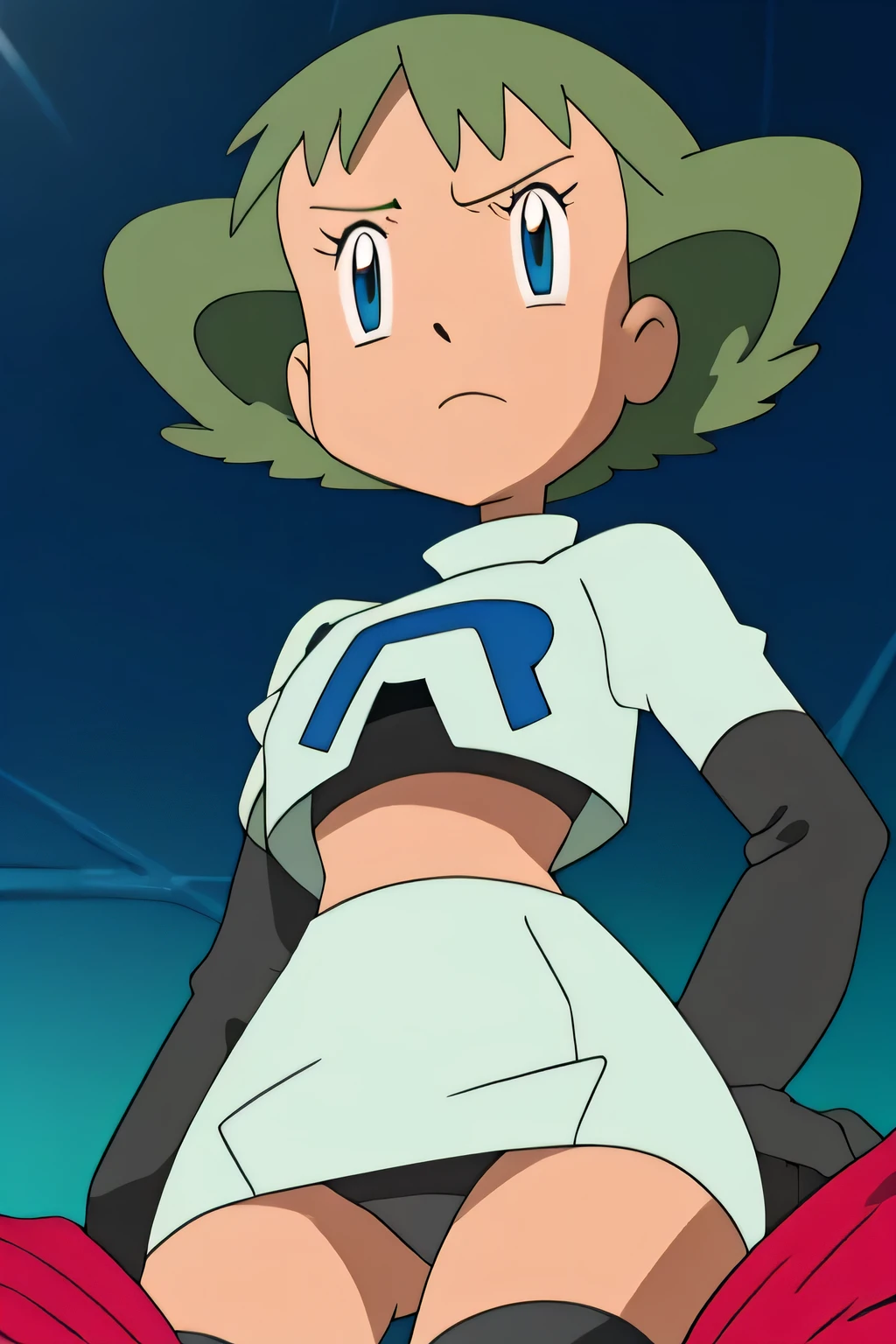 masterpiece,best quality,high res,high quality,8k, masterpiece,highres, team rocket uniform, red letter r, white skirt,white crop top,black thigh-high boots, black elbow gloves, glaring angrily, looking down at viewer, hands on hips, cowboy shot, zettai ryouiki,sitting on toilet.spread legs,from below, black panties,detailed facial features, highly detailed, 8k, photorealistic, vibrant colors, dramatic lighting, cinematic composition,molly hale
