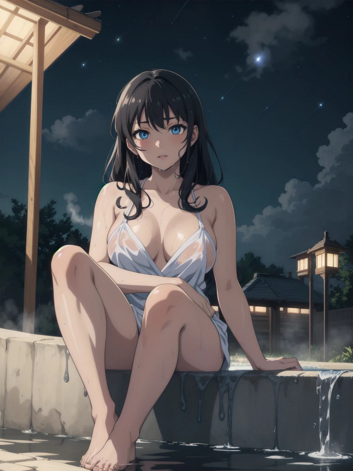 (Ultra HD:1.3), 1girl,looking at viewer,(beautiful detailed blue eyes),(:1.3), sitting, (amagi_yukiko:1.1), barefoot, (anime eyes), curly Hair, ((Natural open-air bath)), (Super sparkling night sky), (steam), wearing wet bodytowel, ((blister))