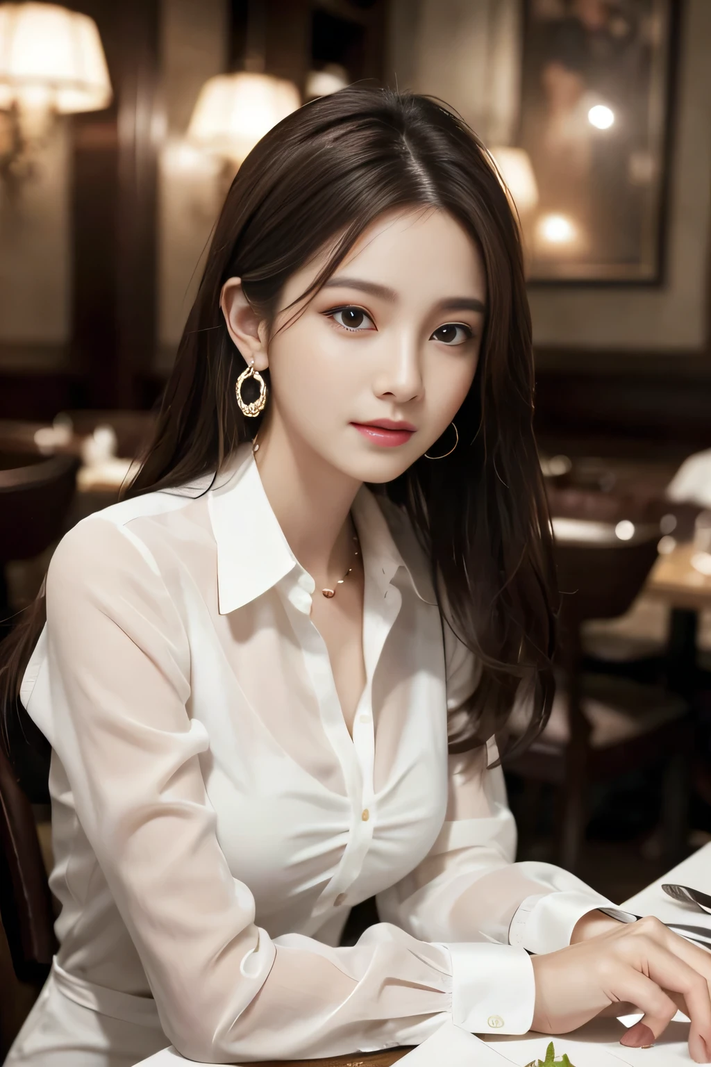 masterpiece, highest quality, Realistic, Very detailed, Finer details, High resolution, 8k wallpaper, One beautiful woman, Wear an elegant white see-through dress shirt, In a great restaurant, At night, Light brown messy hair, Perfect dynamic composition, Beautiful and beautiful eyes、Big earrings、Sitting in a chair、