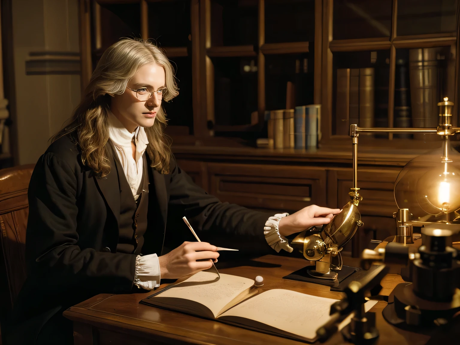 Isaac Newton performing astronomical experiments in his laboratory in Cambridge.