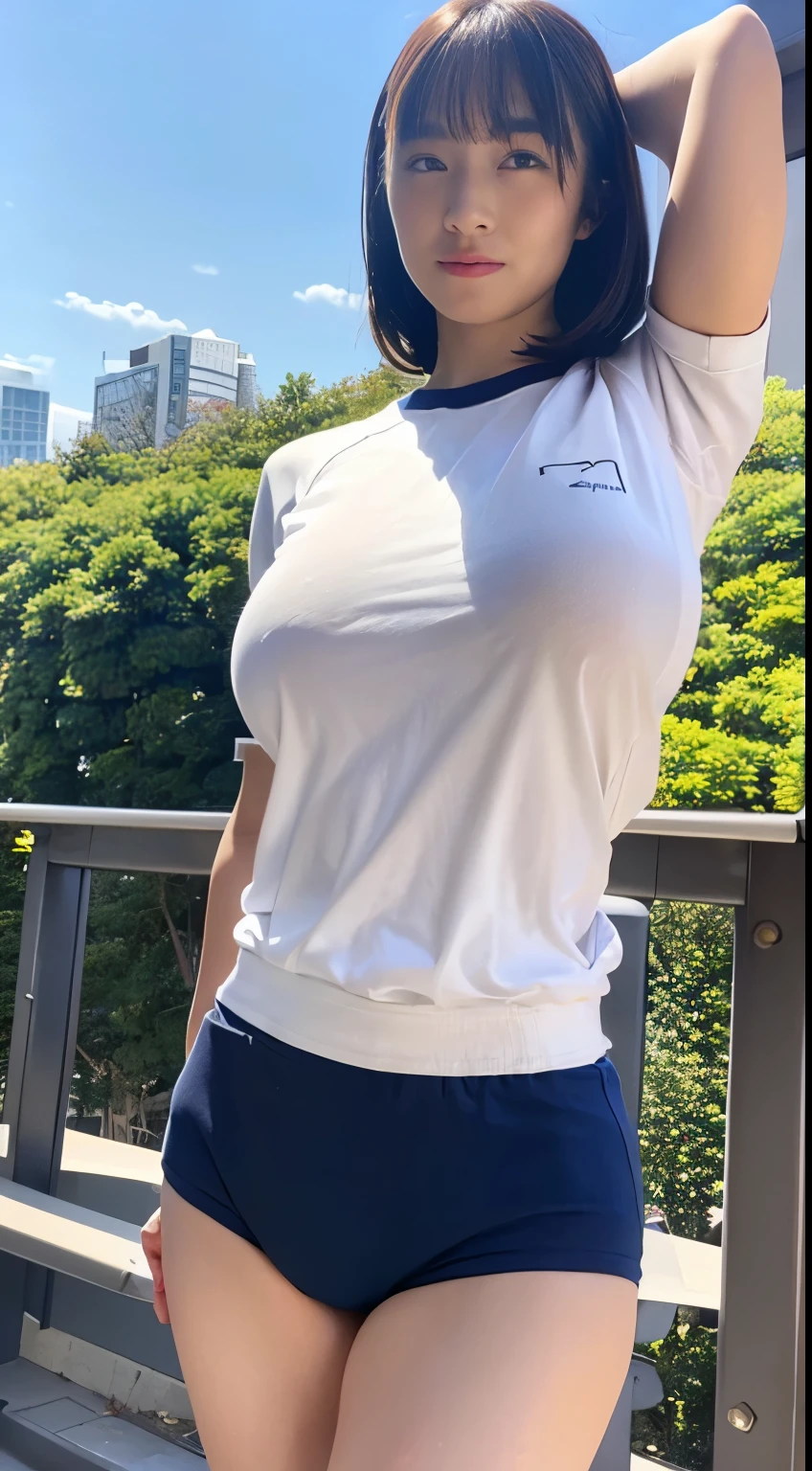 Head to knee portrait、alone、high school girl、White skin、Natural Makeup、Black Hair、bangs、Straight Long Hair、((School-designated gym clothes))、((White gym clothes on upper body))、((Long white gym clothes))、(((Very Tight Bloomers)))、(((Low-rise bloomers)))、((Navy Bloomer))、(((Tuck the bottom of your gym clothes into your bloomers)))、Big Breasts、No bra、Big ass、((The upper body is wearing gym clothes))、Looking into the camera、(((Schoolyard)))、((Realistic fingers))