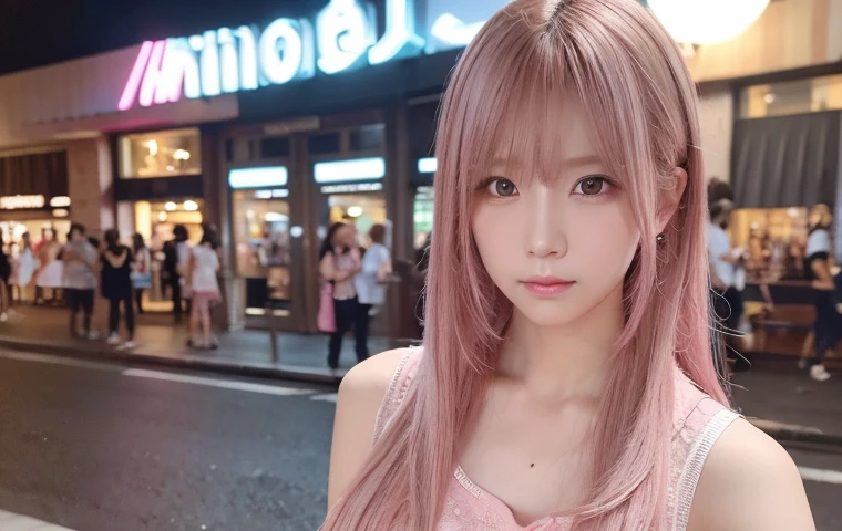 hair color: pink　model　woman　Long Hair　Sleeveless　pink clothes　diagonal　Selfie　diagonal上　Selfie　summer　highest quality, masterpiece))), High resolution, Very detailed, masterpiece, Cinema Lighting, (8k, highest quality, masterpiece: 1.2), (Realistic, photoRealistic: 1.37) High Resolution, Super detailed, 1 girl、30 years old、Street Snap