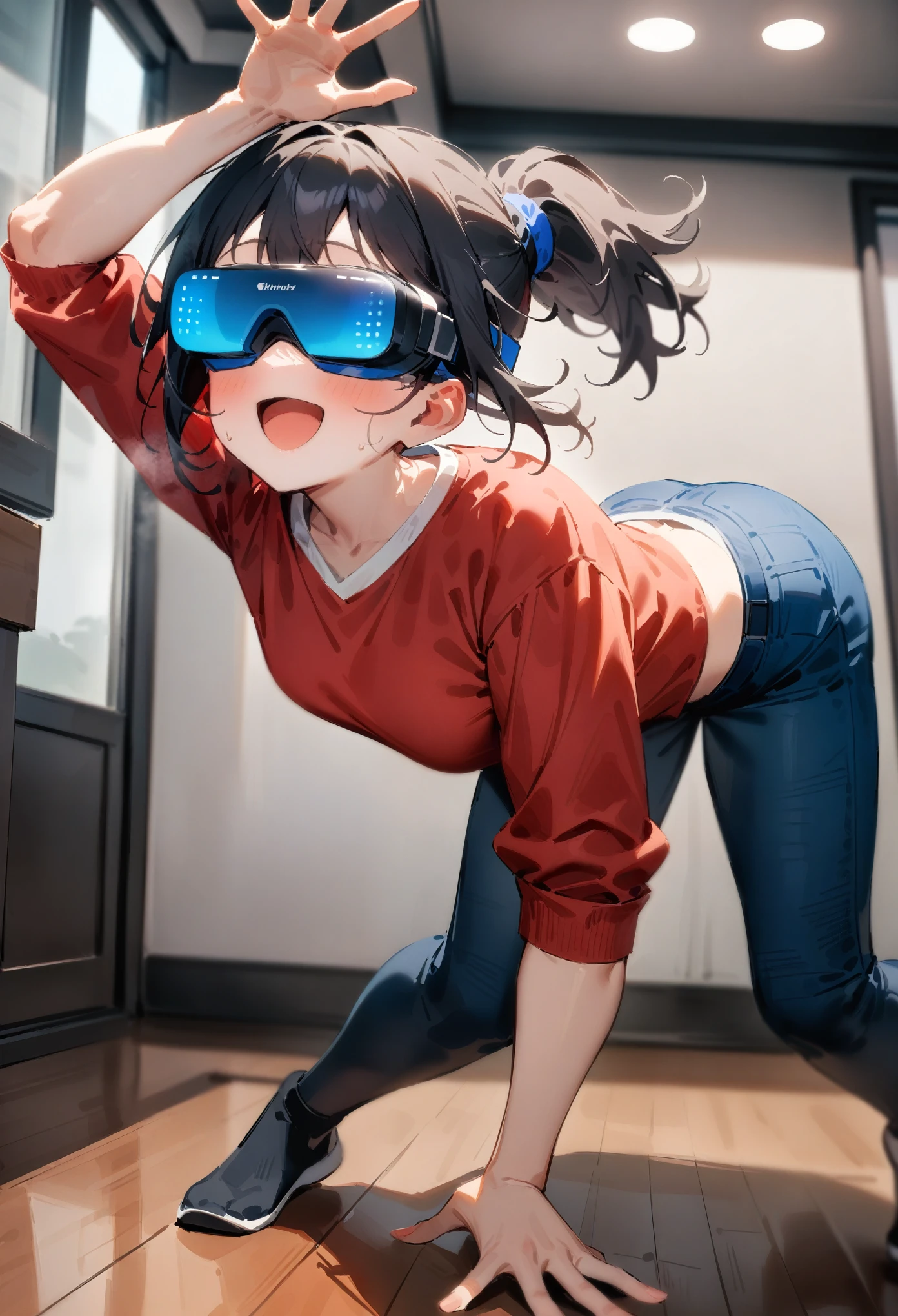 masterpiece, best quality, very aesthetic, absurdres, newest, 1girl, solo, open mouth, indoors, shirt, black hair, acrobatic pose, full body, :d, female focus, red shirt, pants, white shirt, blue shorts, denim shorts, wearing VR Goggles
