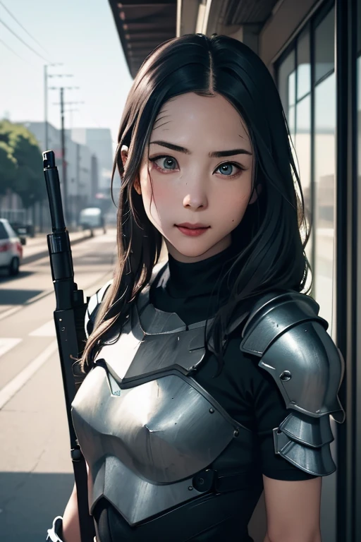 survival game、Heavy Armored Soldier、survival gameのフィールド、A beautiful girl is holding a firearm、head to waste、Vulcan cannon、m134 milligun、Material Rifle、heavy machine gun、
