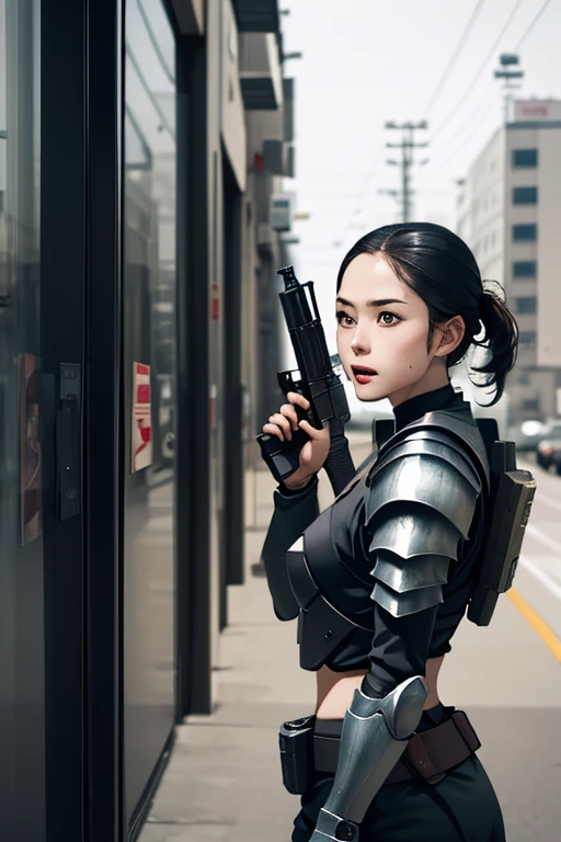 survival game、Heavy Armored Soldier、survival gameのフィールド、A beautiful girl is holding a firearm、head to waste、Vulcan cannon、m134 milligun、Material Rifle、heavy machine gun、