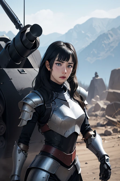 survival game、Heavy Armored Soldier、survival gameのフィールド、A beautiful girl is holding a firearm、head to waste、Vulcan cannon、m134 milligun、Material Rifle、heavy machine gun、