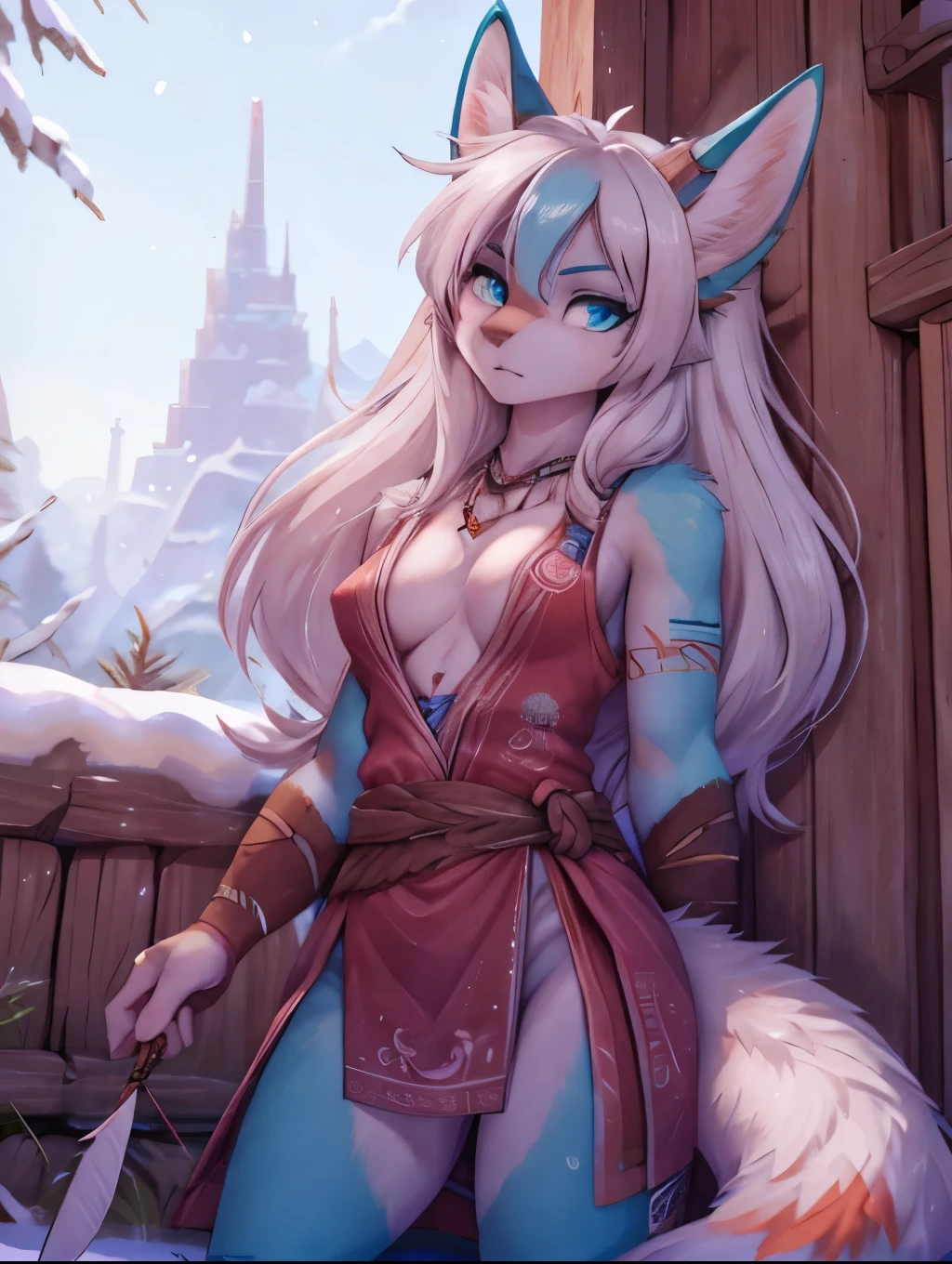Miku hatsune,arabe, alta definicion, white body, snow foxy, white hair,orejas de kitsune, tribal tatoo, tribal clothes, cute girl, 18 years old girl, virgin, blackforest lsnd scspe, archery girl, intense blue eyes, tribal magic, samurai warrior