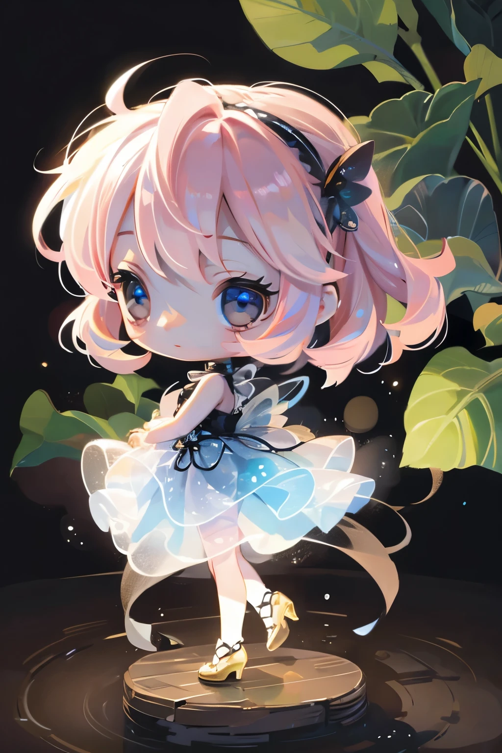 Photorealistic、Chibi Girl Doll(Enjoy the night view from the riverside、firefly、Bioluminescence)