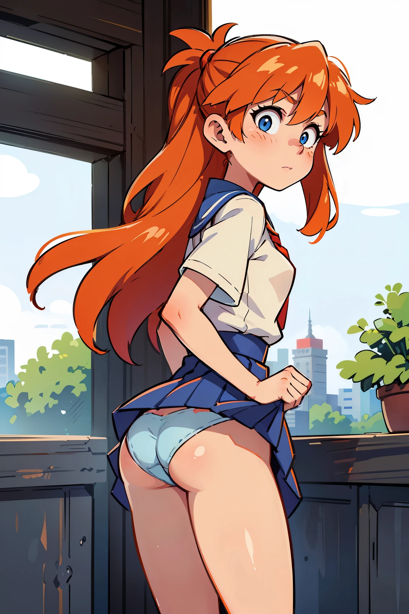 (illustratio), (high resolution), (8K), (highly detailed), (The best illustrations), (beatiful detailed eyes), (top-quality), (​masterpiece)、(((Orange hair))), blue eyes, , 1girl, blush, small breasts, bright pupils, scared girl, small girerfect anatomy) ((adorable girl)), Orange hair, Juicy ass, perfect face, Perfect mouth, Perfect face, Perfect eyes, Perfect nose, Embarrassed eyes, Perfect eyes, perfect breasts, medium breasts, Beautiful eyes, distress, Perfect anatomy, 1girl, (masterpiece, best quality), fair skin, redhead hair, waifu freckles, (messy hair) (((diminutive waist))) looking at viewer, (((tokyo-3 middle school girls uniform))) ass, miniskirt, miniskirt, (solo), thick thighs, (plain white background), (panties showing) ((skirt lift)), amazing ass,