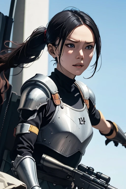 survival game、Heavy Armored Soldier、survival gameのフィールド、A beautiful girl is holding a firearm、head to waste、Vulcan cannon、m134 milligun、Material Rifle、heavy machine gun、
