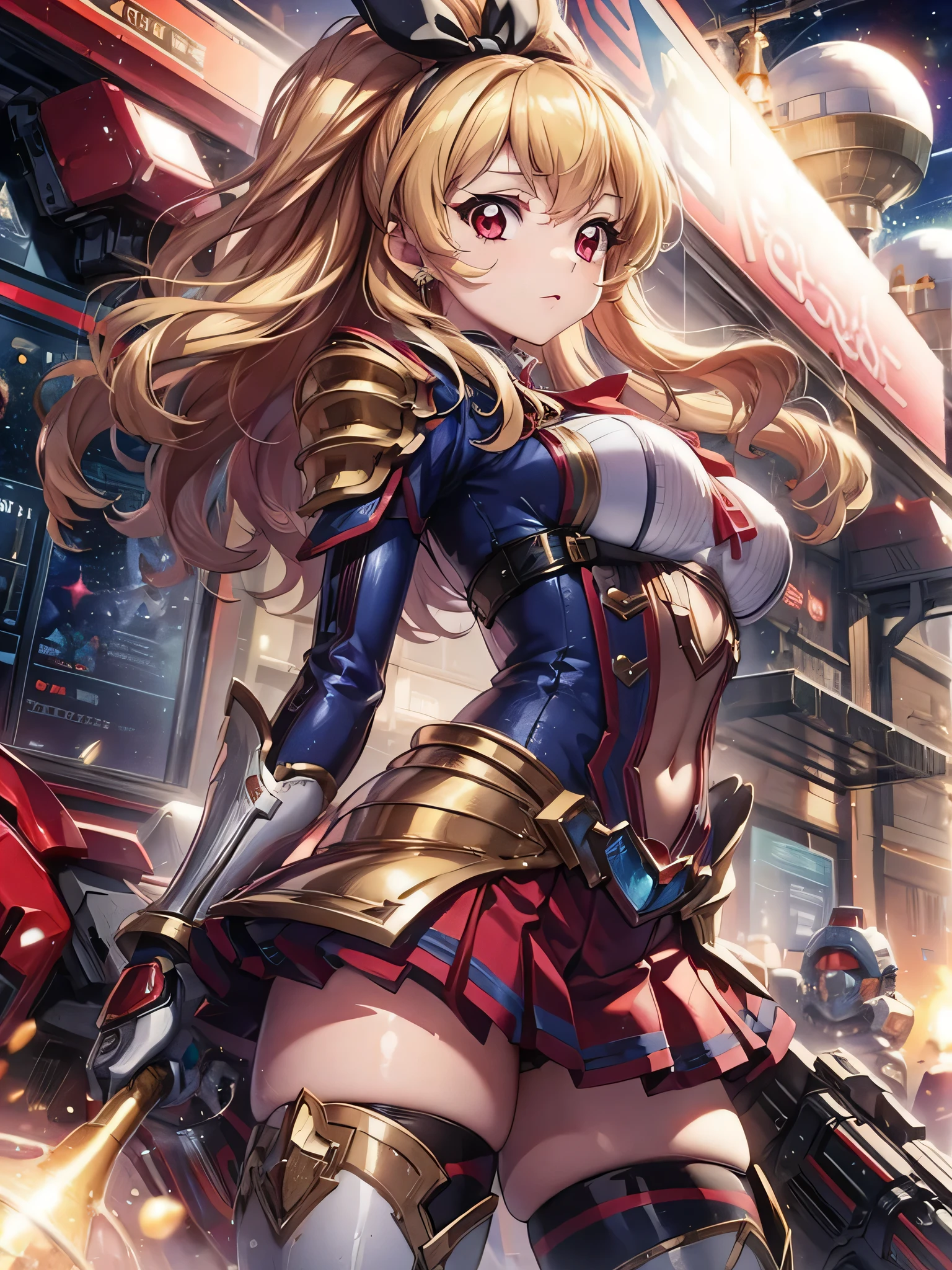 best quality, ultra detailed 8k cg render, masterpiece, high resolution, extremely detailed,
voluptuous beauty mecha girl,
super breasts,
, blonde hair, RED eyes,
gold White mix color mecha armor,
RED hair bund,
universe,outer space,
Venus planet,
bubble image,
persona face,Ichigo Hoshimiya (Aikatsu!)