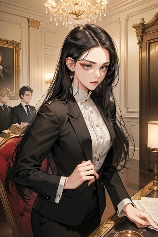 (masutepiece, Digital Art, Digital Illustration, 4K, 8K, Ultra-detailed, beautiful image, Sharp Image, Photorealistic, Raw photo, Perfect face, Perfect lines, Perfect eyes, Soft lighting) 1 woman, (Long Black Hair,straight haired,Bullish gaze,Beautie,ellegance,mannish,Wearing a suit,Solid makeup,23 y-o woman,small tits:1.3),Two handsome men in suits, (ember,Men in suits,well-muscled,Firm shoulder width,Adult male,Boyish hairstyle,English gentlemanly style,Man in his 30s with a cool expression,28-year-old man with bright smile:1.2),Antique furnishings,Antique Clamps,Antique chair,chandeliers,Crystal Glass,fantastical light,Marble fireplace,(First failure,irritation,Crying face,Beautiful crying face,vexation:1.2),At work,