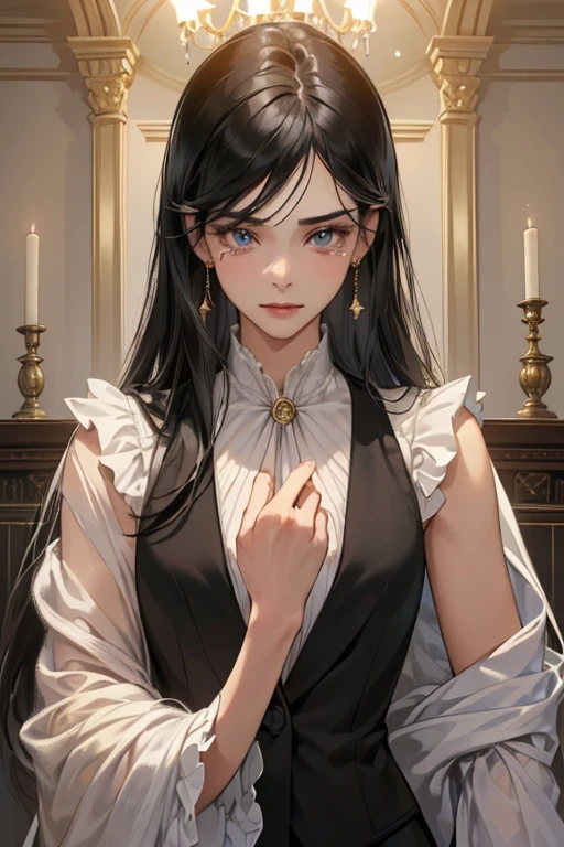 (masutepiece, Digital Art, Digital Illustration, 4K, 8K, Ultra-detailed, beautiful image, Sharp Image, Photorealistic, Raw photo, Perfect face, Perfect lines, Perfect eyes, Soft lighting) 1 woman, (Long Black Hair,straight haired,Bullish gaze,Beautie,ellegance,mannish,Wearing a suit,Solid makeup,23 y-o woman,small tits:1.3),Two handsome men in suits, (ember,Men in suits,well-muscled,Firm shoulder width,Adult male,Boyish hairstyle,English gentlemanly style,Man in his 30s with a cool expression,28-year-old man with bright smile:1.2),Antique furnishings,Antique Clamps,Antique chair,chandeliers,Crystal Glass,fantastical light,Marble fireplace,(First failure,irritation,Crying face,Beautiful crying face,vexation:1.2),At work,